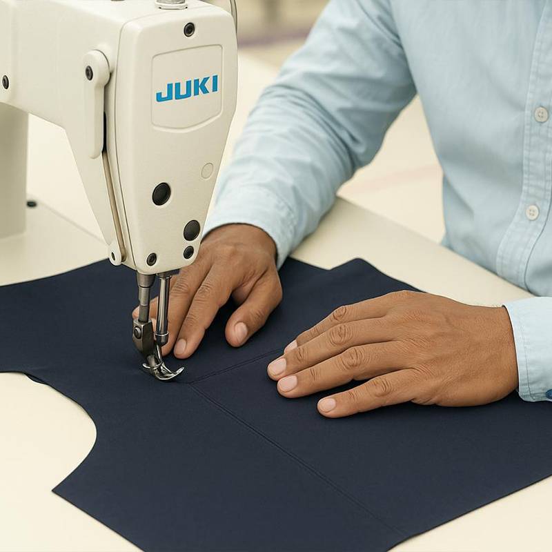 A person's hands guiding navy blue fabric through a white industrial Juki sewing machine.